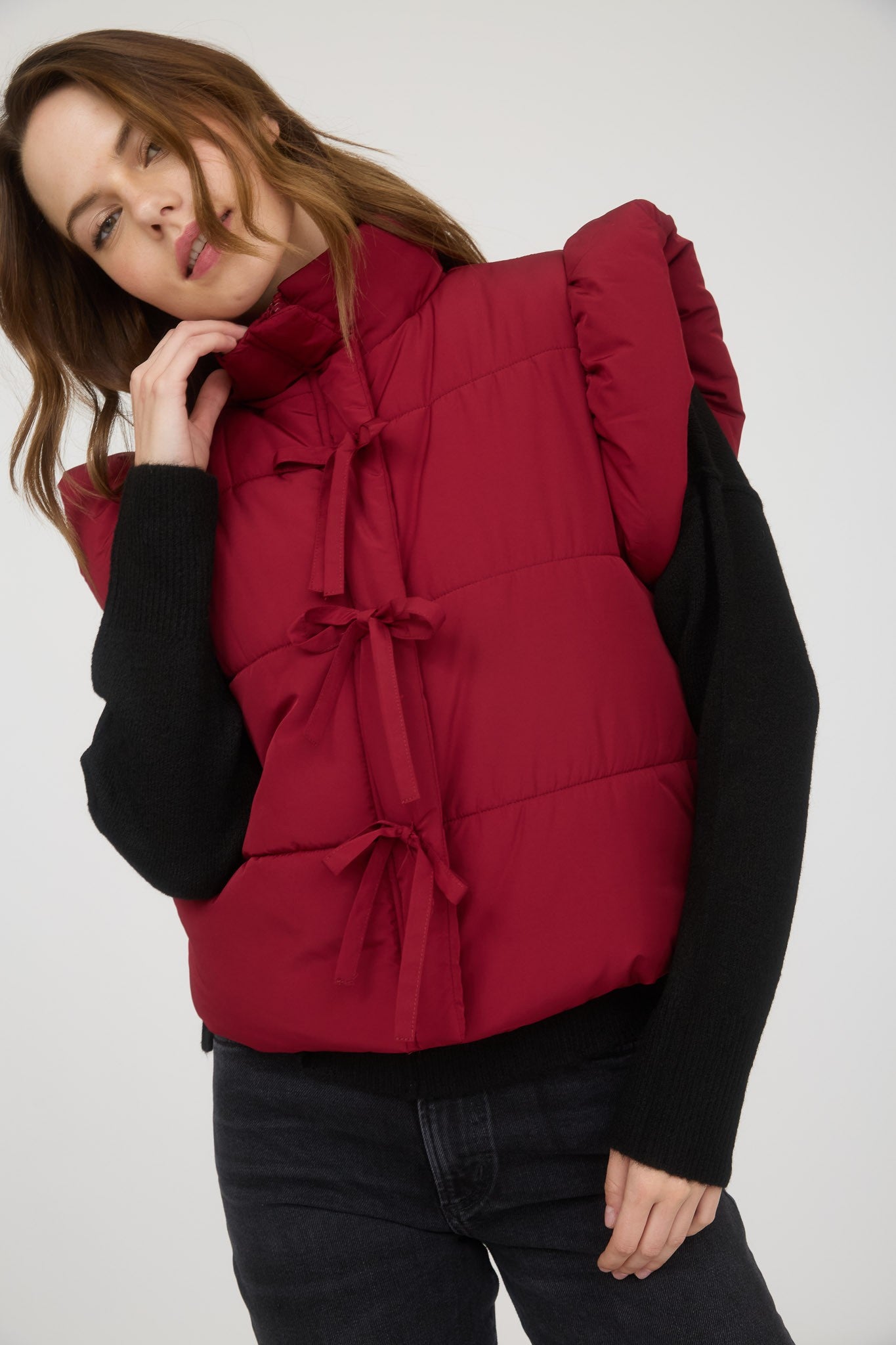 Jacy Flutter Sleeve Bow Puffer Vest