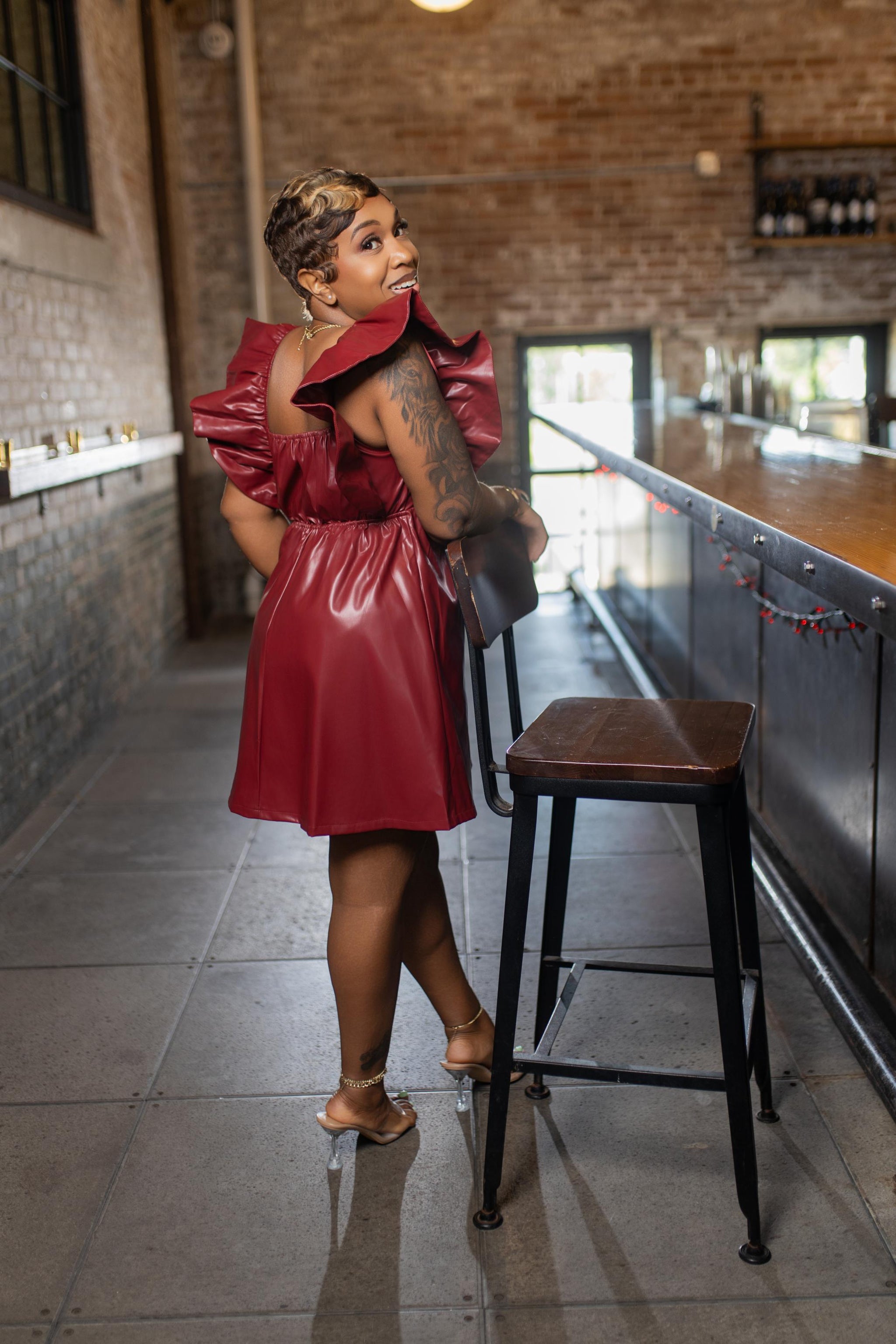 Faux Leather Mini Dress w/Pockets