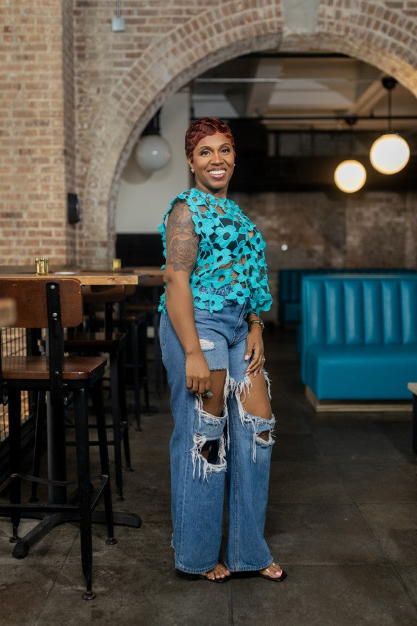 Floral Lace Vest Top-Teal