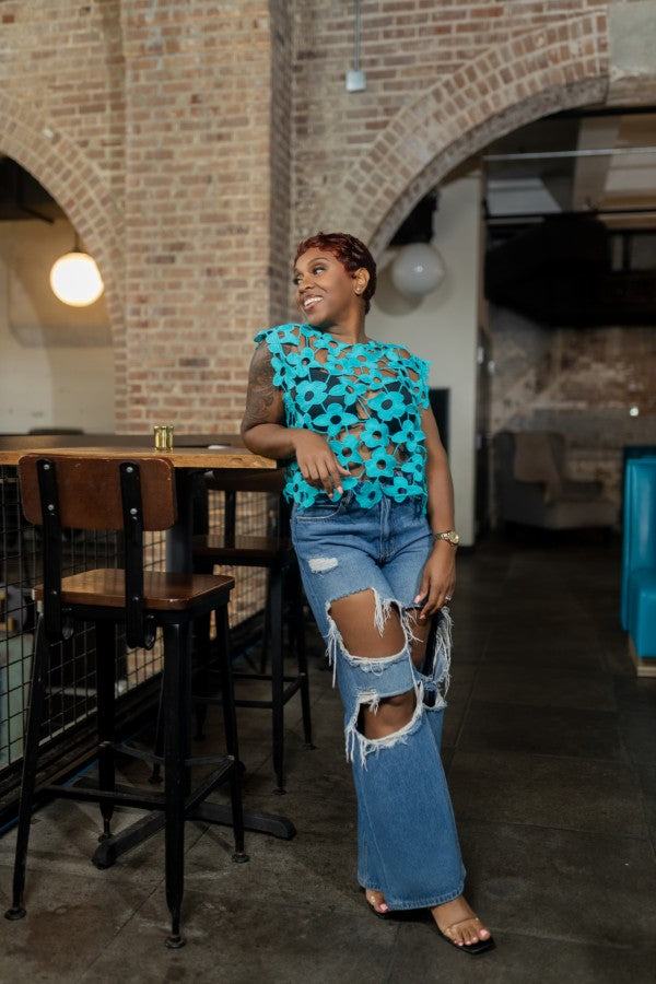 Floral Lace Vest Top-Teal