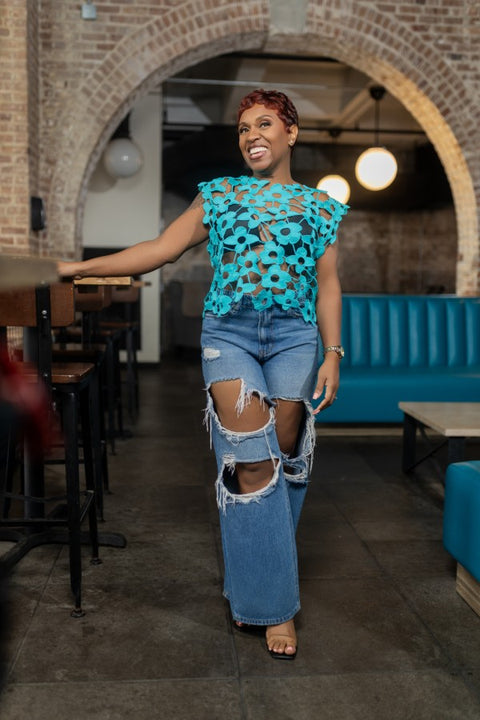 Floral Lace Vest Top-Teal